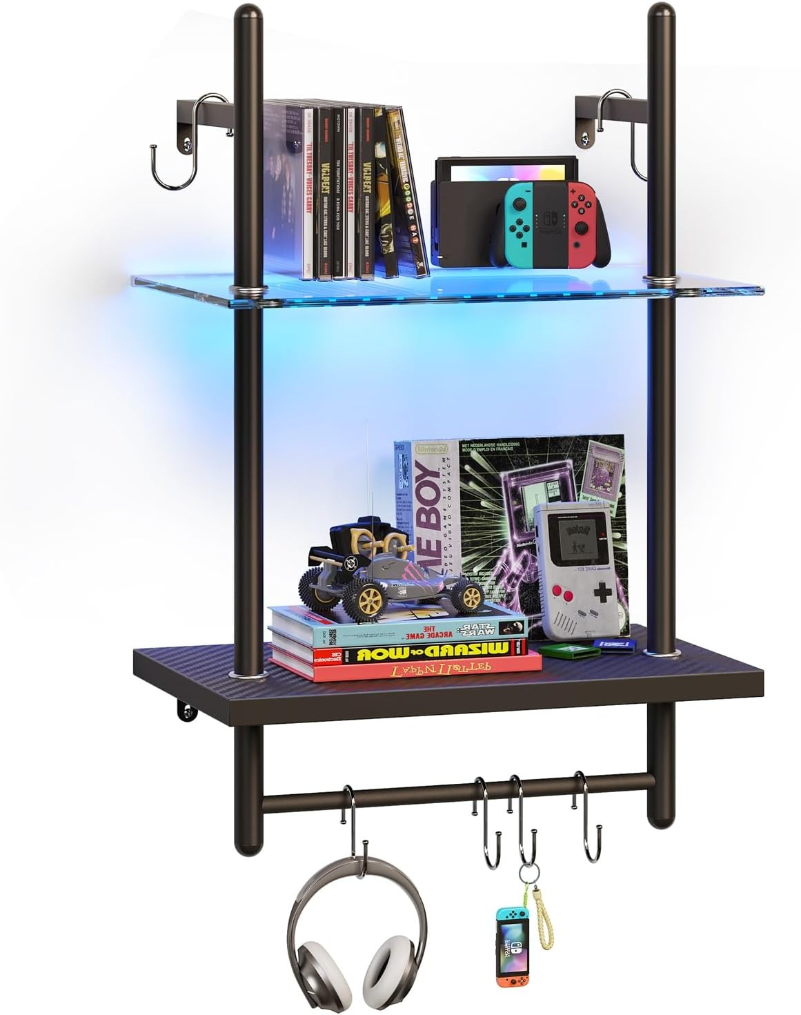 Bestier LED Gaming Floating Shelves for Wall, 15" Wall Mounted Shelf Pipe Glass Shelves, 2 Tier Hanging Display Rack with 6 S-Hooks Towel Bar, Gaming Room Decor Shelf, Carbon Fiber Black