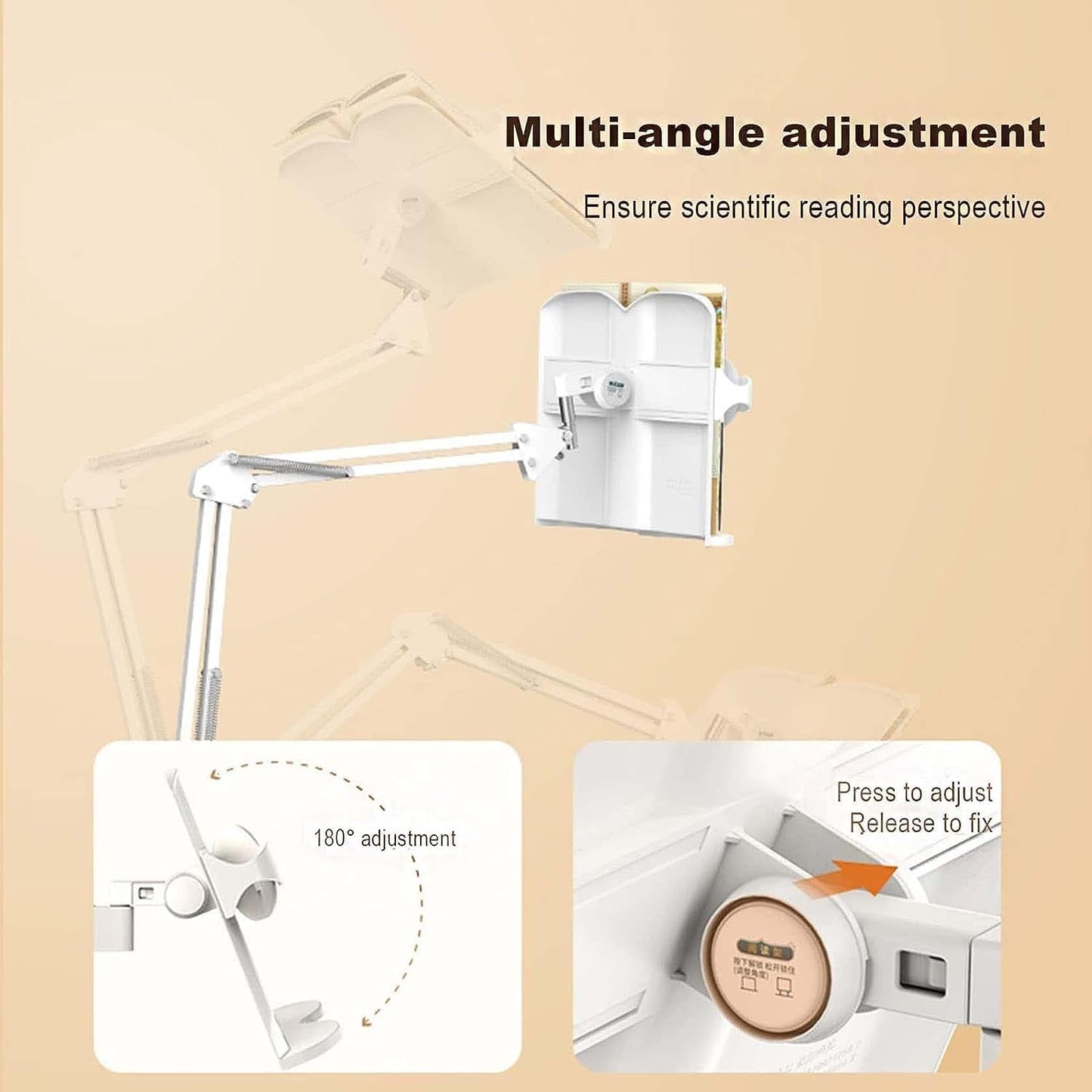 Book Holders for Reading Hands Free, Height Adjustable Cookbook Stand with Book Clip, Angle Adjustable Foldable Tablet Holder (Off White)