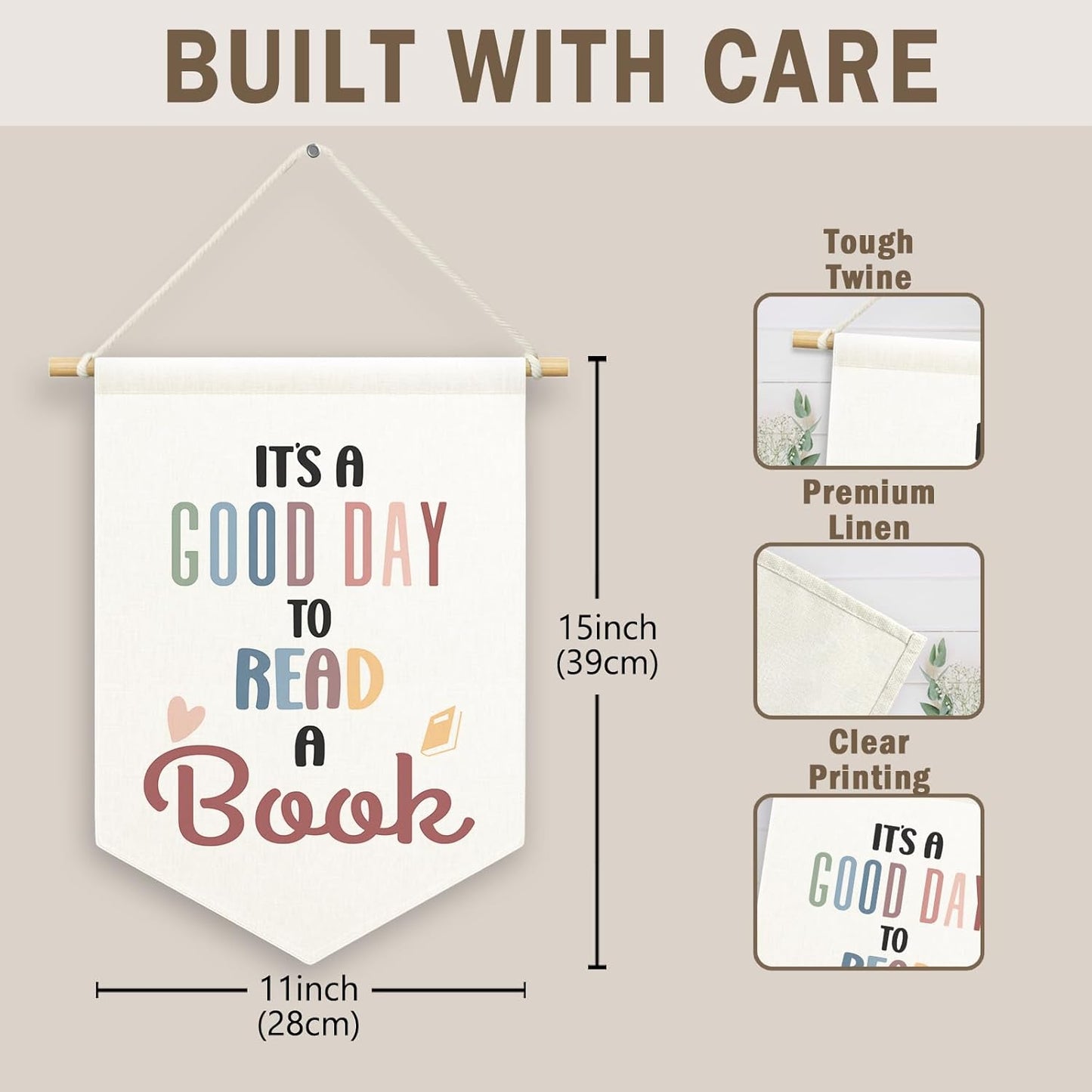 It's A Good Day to Read A Book Kids Room Decor, Boho Reading Classroom Banner Canvas, Nursery Wall Hanging Decor Art Pennant Flag for Reading Nook Corner Playroom Toddler Room Library 11x15in