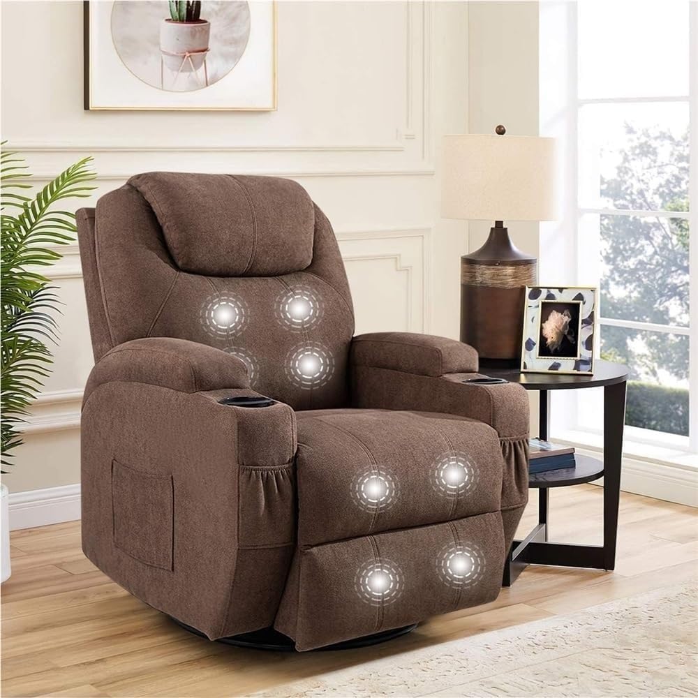 360 Swivel Rocker Recliner Chair with Massage and Heating Ergonomic Lounge Sofa Comfortable Rocking Recliner with Cup Holders Side Pockets for Home Theater Seating