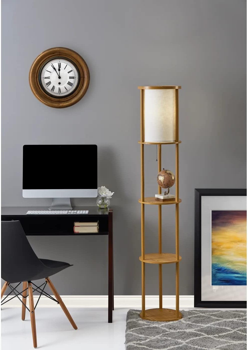 Adesso 3117-12 Stewart Round Shelf Floor Lamp, Natural Wood Finish