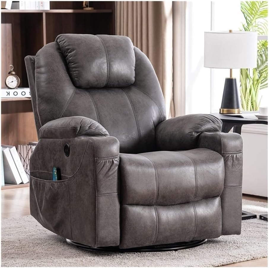 Power Recliner Chair with Massage & Heat, 360° Swivel Lounge Recliner with USB Ports & Cup Holders, Ergonomic Glider Rocking Recliner, Home Theater Seating for Living Room