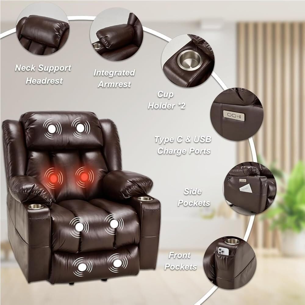 Genuine Leather Electric Lift Recliner Chairs Massage Overstuffed Armrests Thick Padded Backrest Adjustable Positions Power Sofa for Meeting Room Furniture