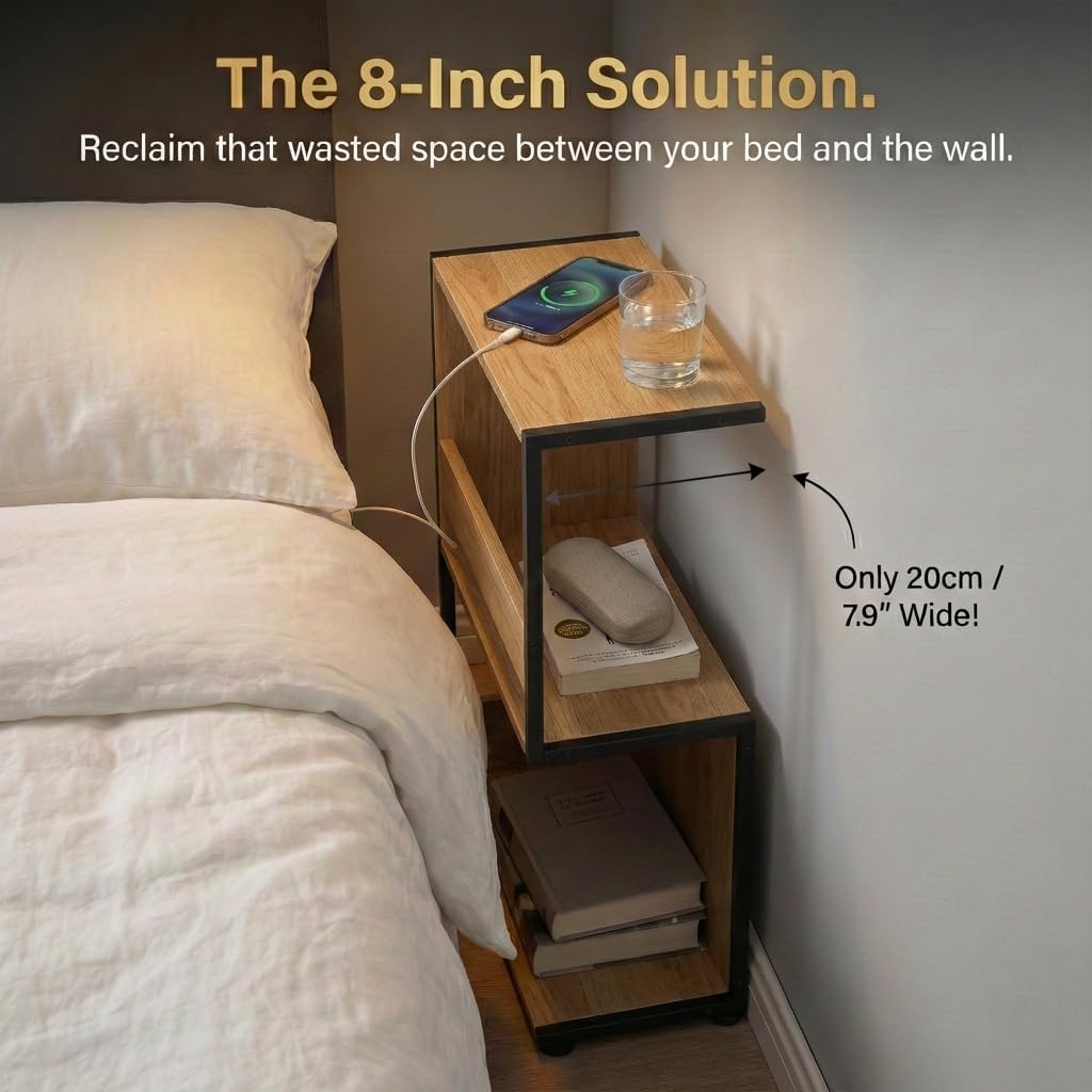 Bookshelf, Small End Table, S Shape Bookcase W/ 2-Layer Storage Shelves, Sofa Side Table for Small Spaces, Nightstand for Bedroom, Living Room, Stable Frame, Oak