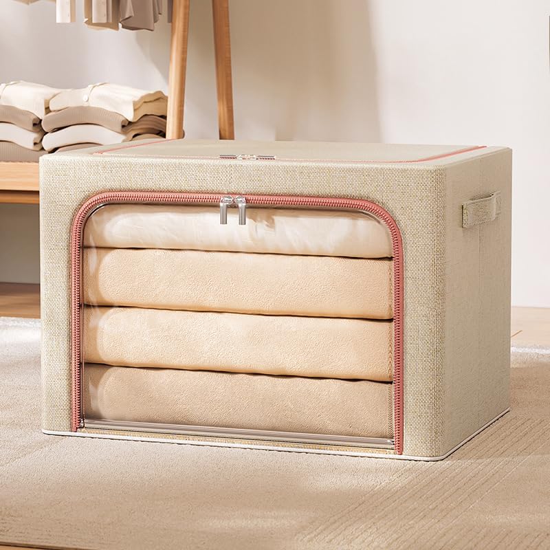 Waterproof Storage Bins Stackable Foldable Steel Frame storage Boxes with Reinforced Handle Thick Fabric for Comforters Iron bracket Blankets Bedding Foldable with Sturdy Zipper Clear Window Pack Of 2