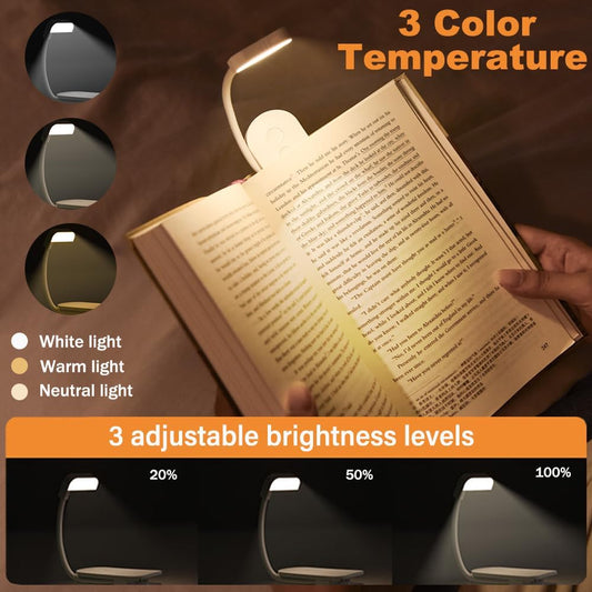 Book Light, Rechargeable Mini Clip on Reading Light with 3 Colors & Foldable Hose, Dimmable LED Book Night Light for Reading in Bed at Night, Gifts for Readers Book Lovers Women Men Kids (White)