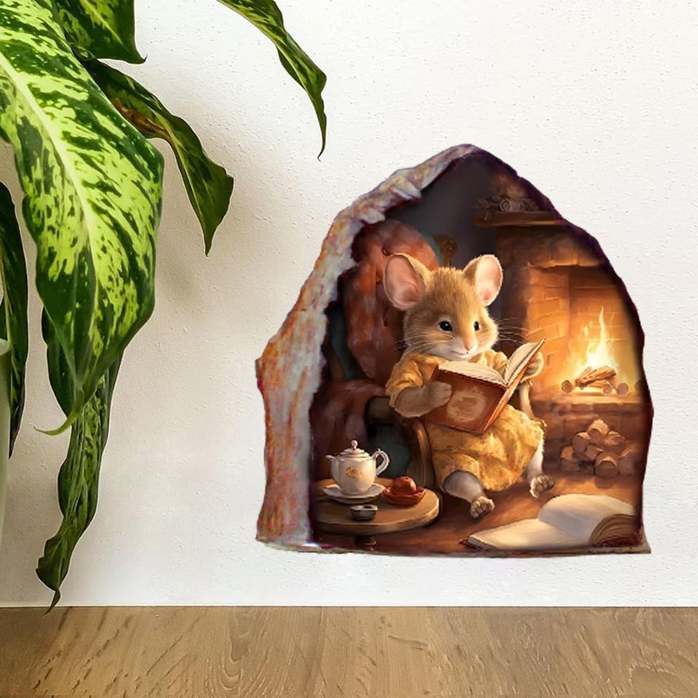 3D Mouse Hole Wall Decal, Reading Book Design, Waterproof Wall Sticker for Bedroom Decor