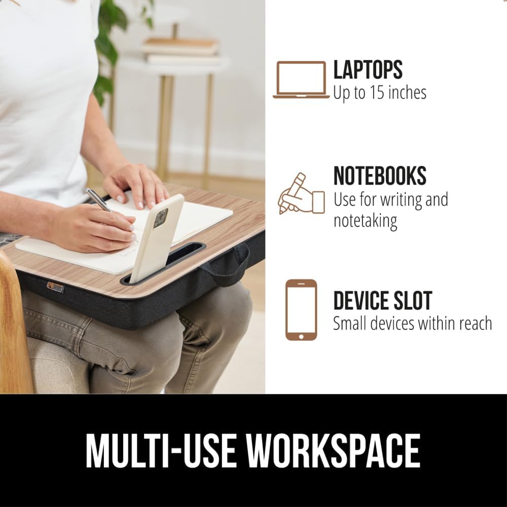 GORILLA GRIP Laptop Lap Desk with Phone Holder, Pillow Cushion Desks Fit Laptops up to 15.6", Gifts for Home, Portable Travel Workstation, Tray Ledge Keep Computers in Place, Light Wood Color