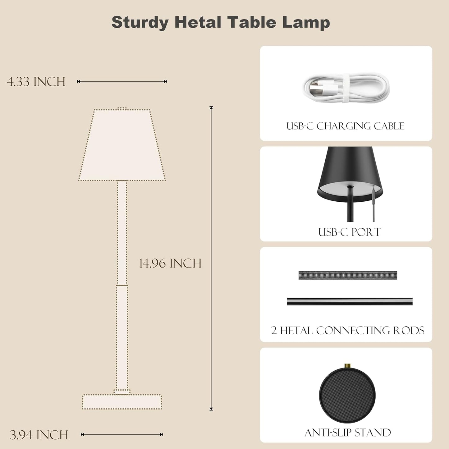 Cordless Table Lamp 2 Pack with Marble Base,5200mAh Battery Operated Lamp,IP54 Waterproof Portable LED Desk Lamp,3-Color Stepless Dimming, Height Adjustable for Patio,Bedroom,Restaurant(Black)