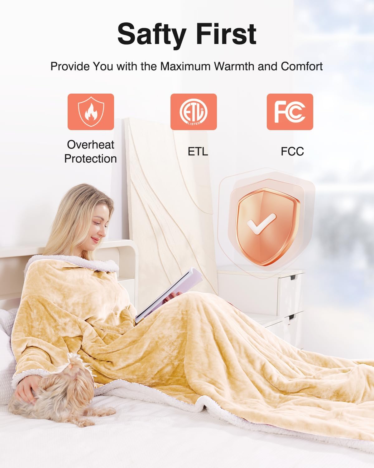 Wearable Heated Blanket with Sleeves, Electric Heated Robe with Foot Pockets, Electric Snuggie for Women, 9 Heating Levels & 2-10 Hours Timer, 50"x70" (Light Yellow)