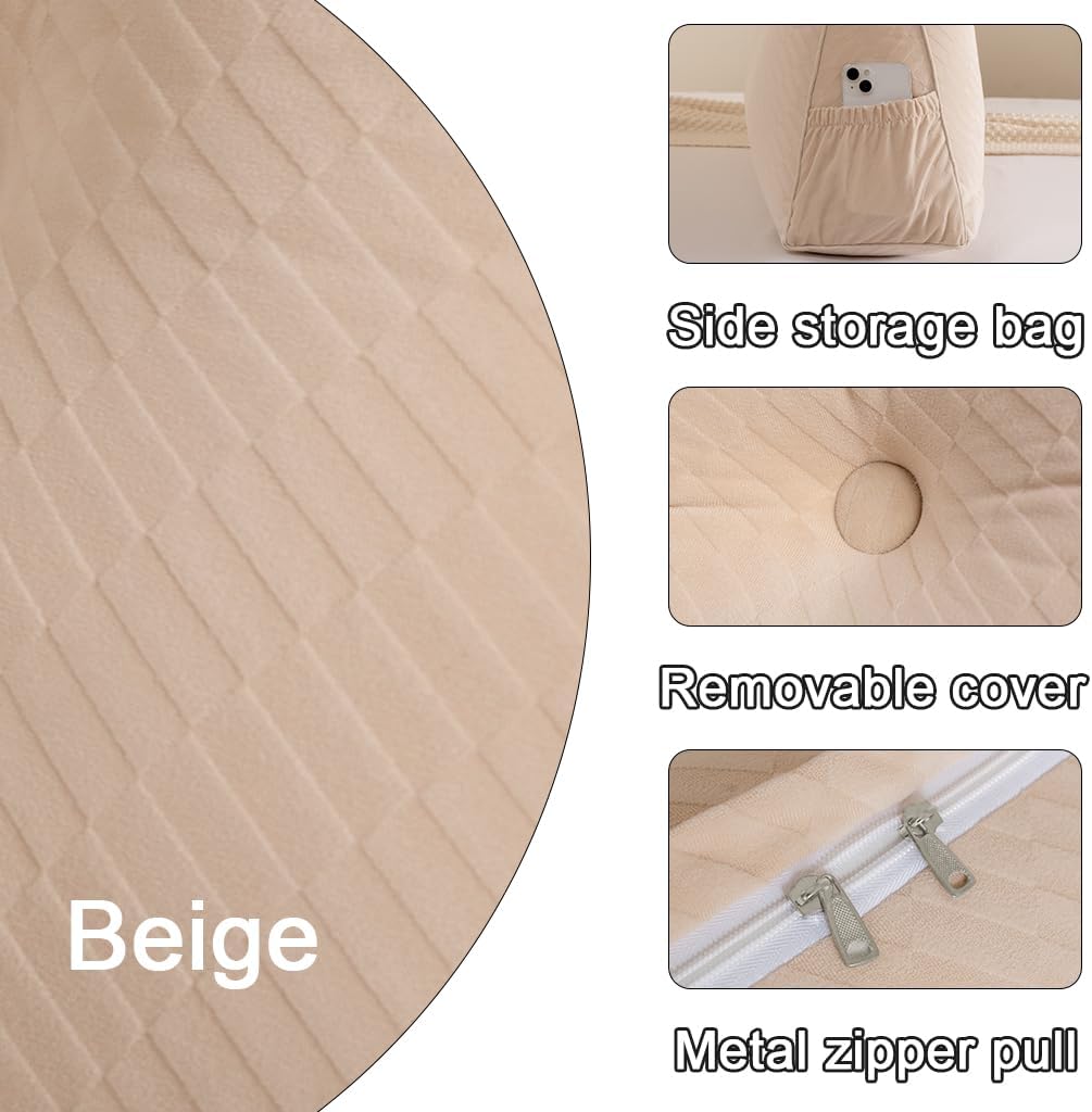 Velvet Triangular Wedge Pillow With Roll Pillows,Removable Cover Tiangular Headboard Pillow for Daybed,Backrest Positioning Support Pillow Cushion Resting Reading (Beige, Small(24 * 20 * 8in))