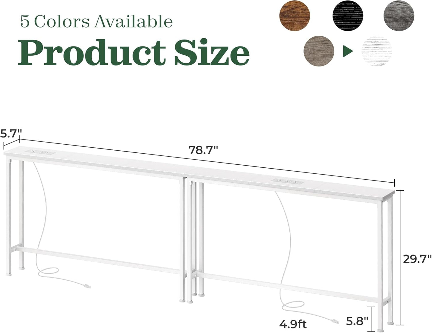 SUPERJARE 5.7 Inch Narrow Console Table with Outlet, Sofa Tables, Total Length 78.8'', Behind Couch Table, Long Entryway Tables with Charging Station, for Living Room, White
