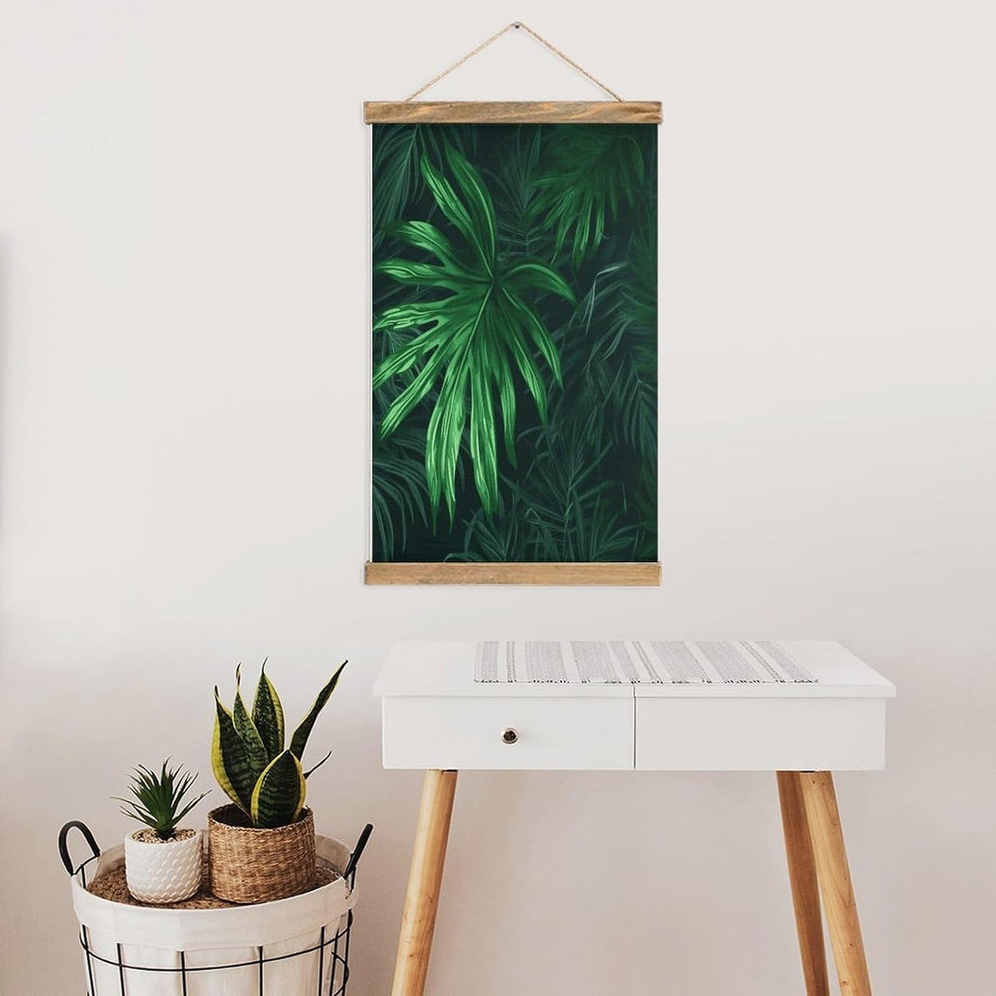 Vintage Green Tropical Jungle Plant Poster with Wooden Frame Personalized Linen Hanging Scroll Painting Rustic Wall Hanging Illustrative Modern Artwork Decor for Home Living Room Bedroom Office