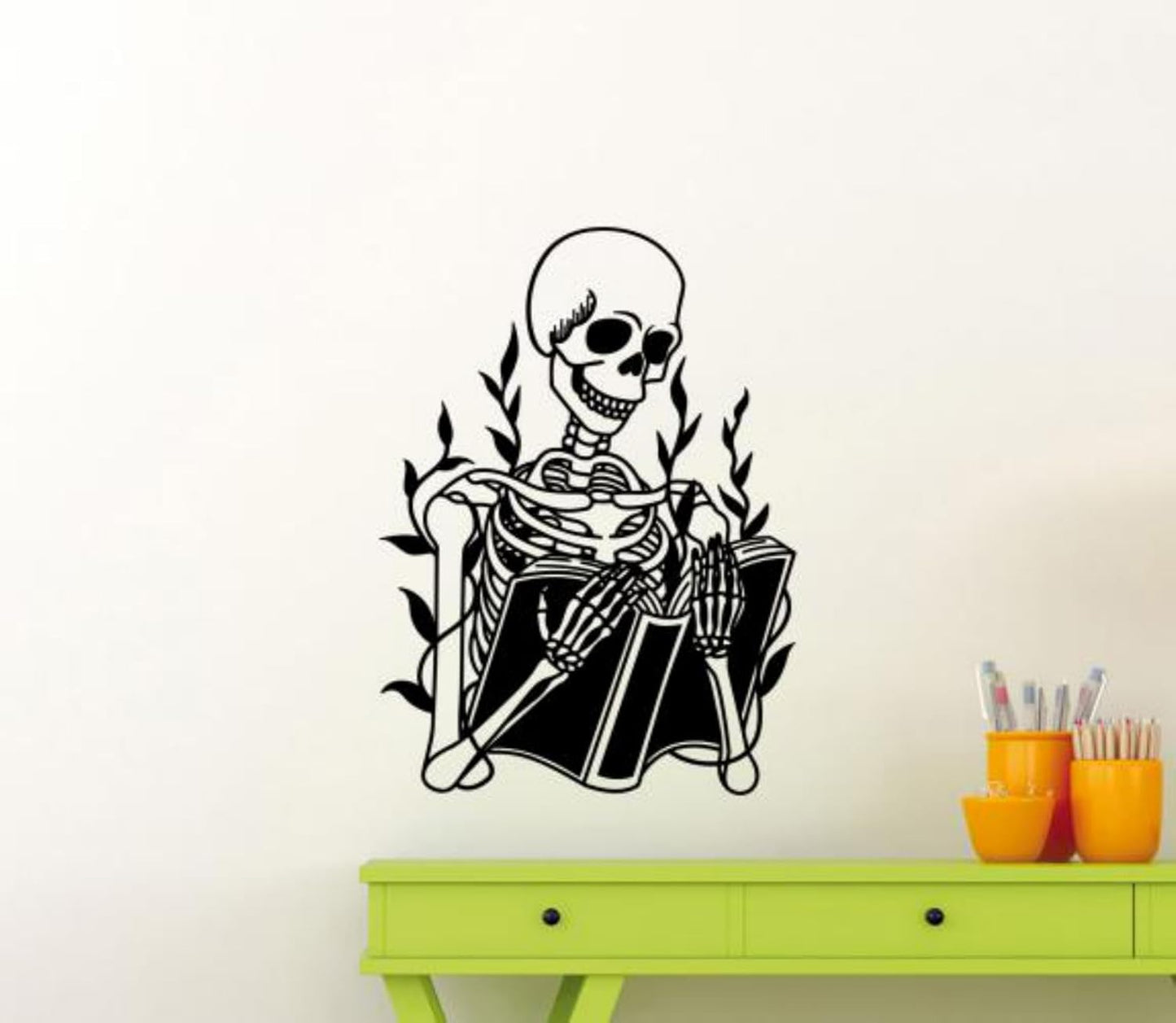 Skeleton Reading Book Wall Decal Vinyl Sticker Library Quote Library Wall Art Skull Reader Horror Decor Bedroom Living Room Poster Sign Stencil Mural Die Cut No Background Decal 2000