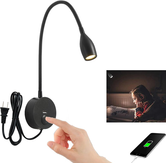 LED Wall Reading Light with USB Charging Port, Dimmable Gooseneck Bedside Lamp, Flexible Arm, 3W (Black, 120V Plug in, Warm White)