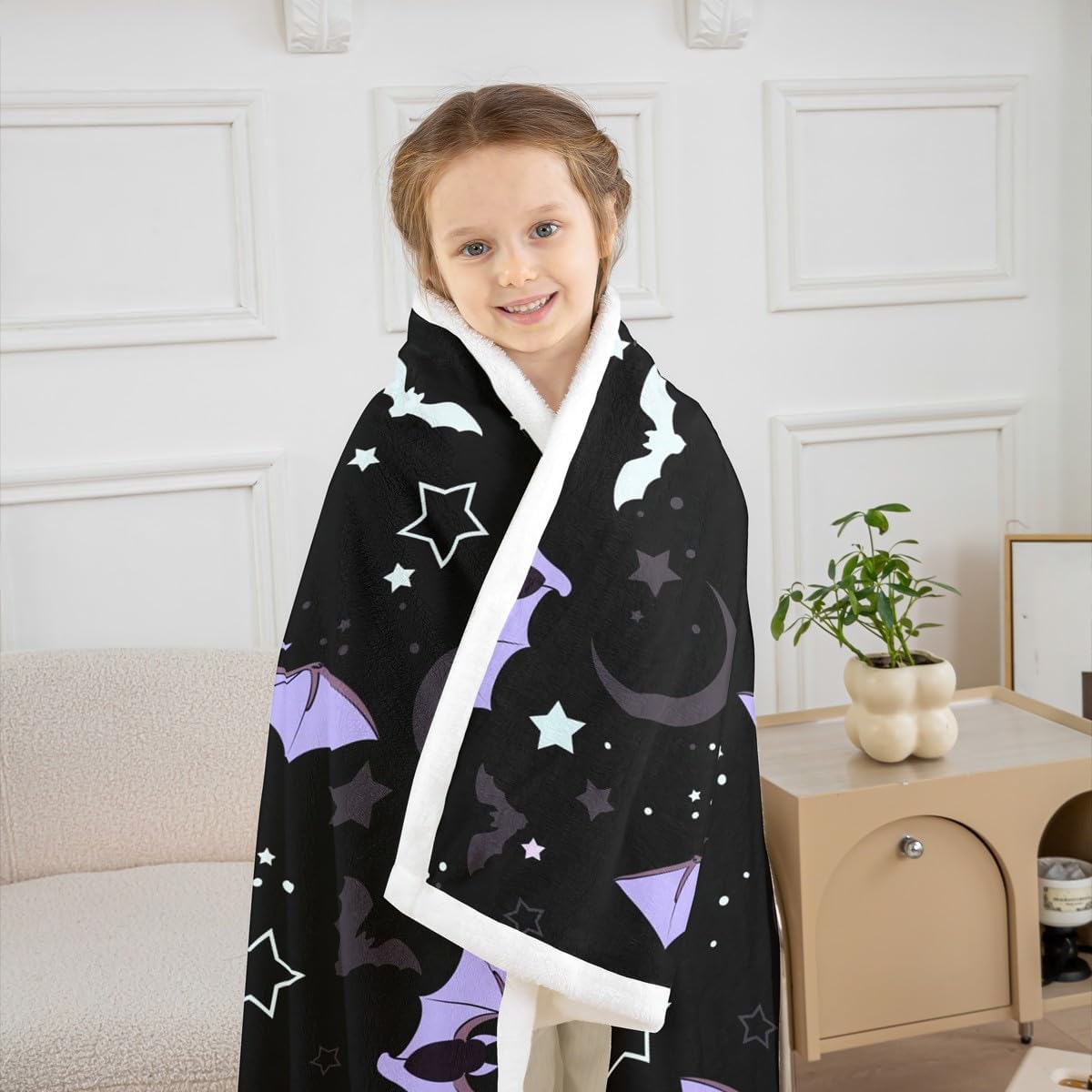 Purple Moon Galaxy Fleece Blanket - 50"x60", Cartoon Bat & Gothic Halloween Throw with Glitter Stars
