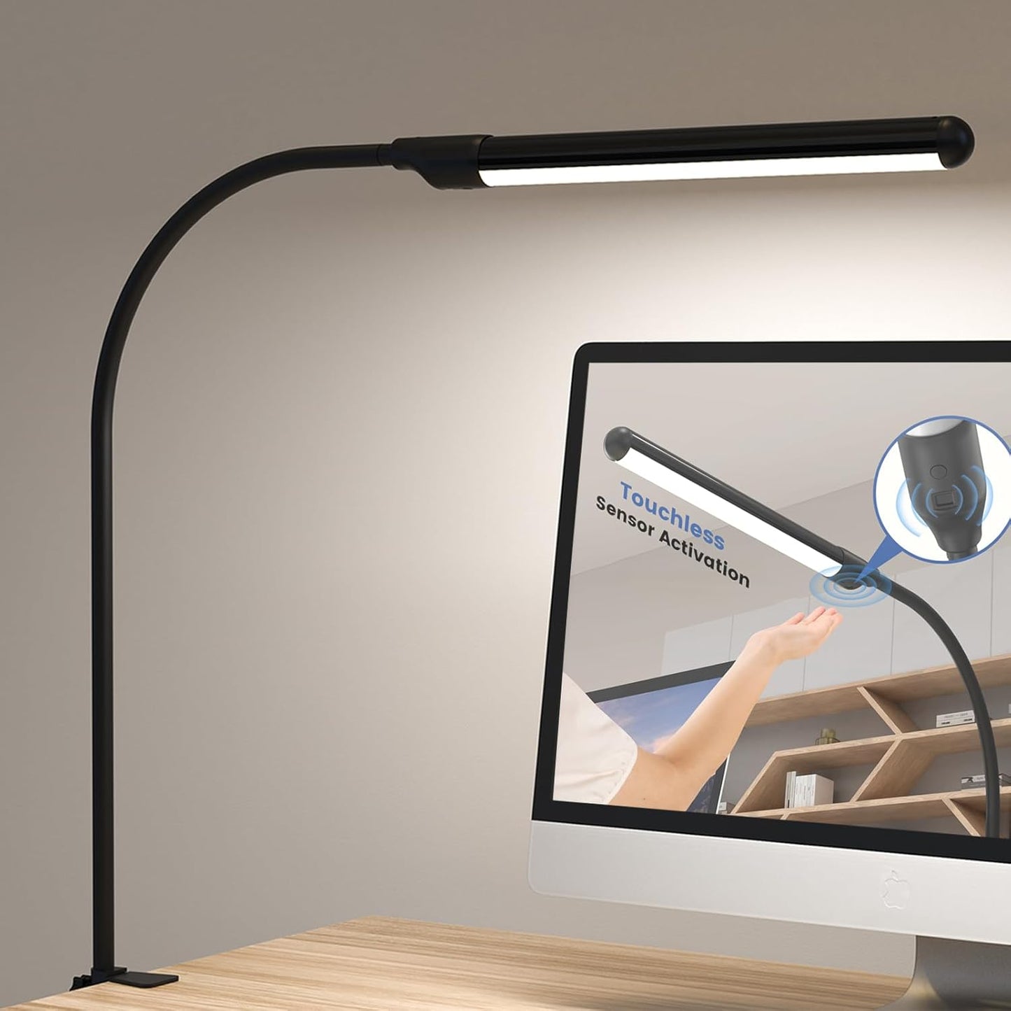 Hand-Wave LED Desk Lamp with Clamp, Touchless On/Off, Color Temperature Adjustable 3000K-6500K, Flicker-Free Eye-Caring Reading Light, Clip-On Desk Light for Home Office/Study/Monitor/Desk (110V)