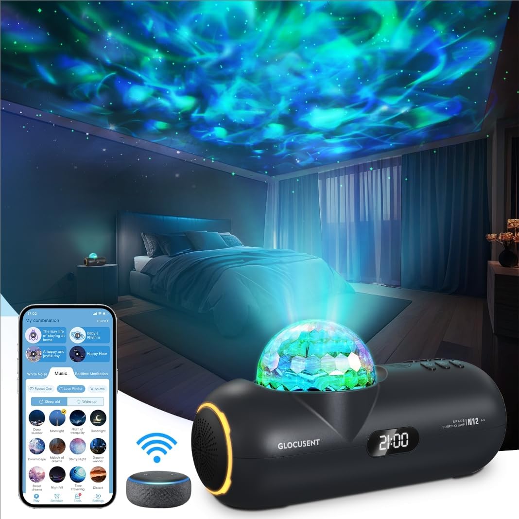 Glocusent Star Projector: 60 Soothing Sounds White Noise Sound Machine with HiFi Bluetooth Speaker for Bedroom - Galaxy Projector Work with App(2.4Ghz WiFi), Gifts for Adults Kids Birthday (BlackⅠ)