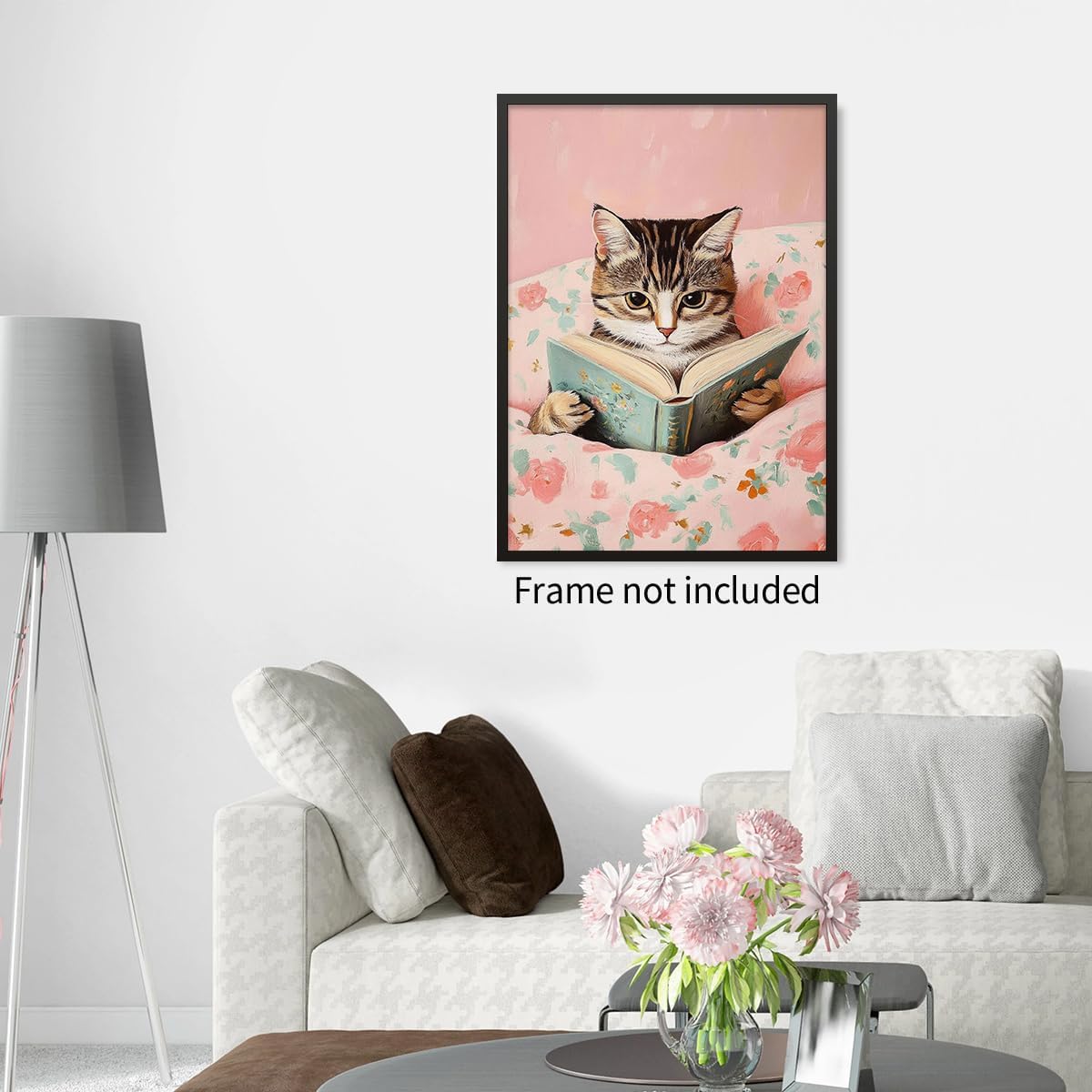 Funny Tabby Cat Reading Books Canvas Wall Art Pink Girly Room Posters Cute Animal Kids Prints Vintage Cat Lovers Wall Decor For Teen Bedroom Dorm Living Study Room 12x16in Unframed
