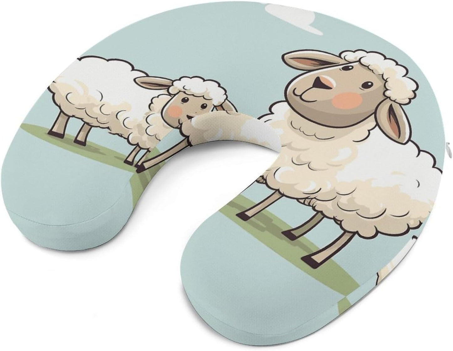 Sheep and Lamb Cartoon Neck Pillow Memory Foam U Shaped Pillows Portable Pillows for Shoulder Travel Head Support Pillow with Concealed Zipper for Airplane Car Home Office