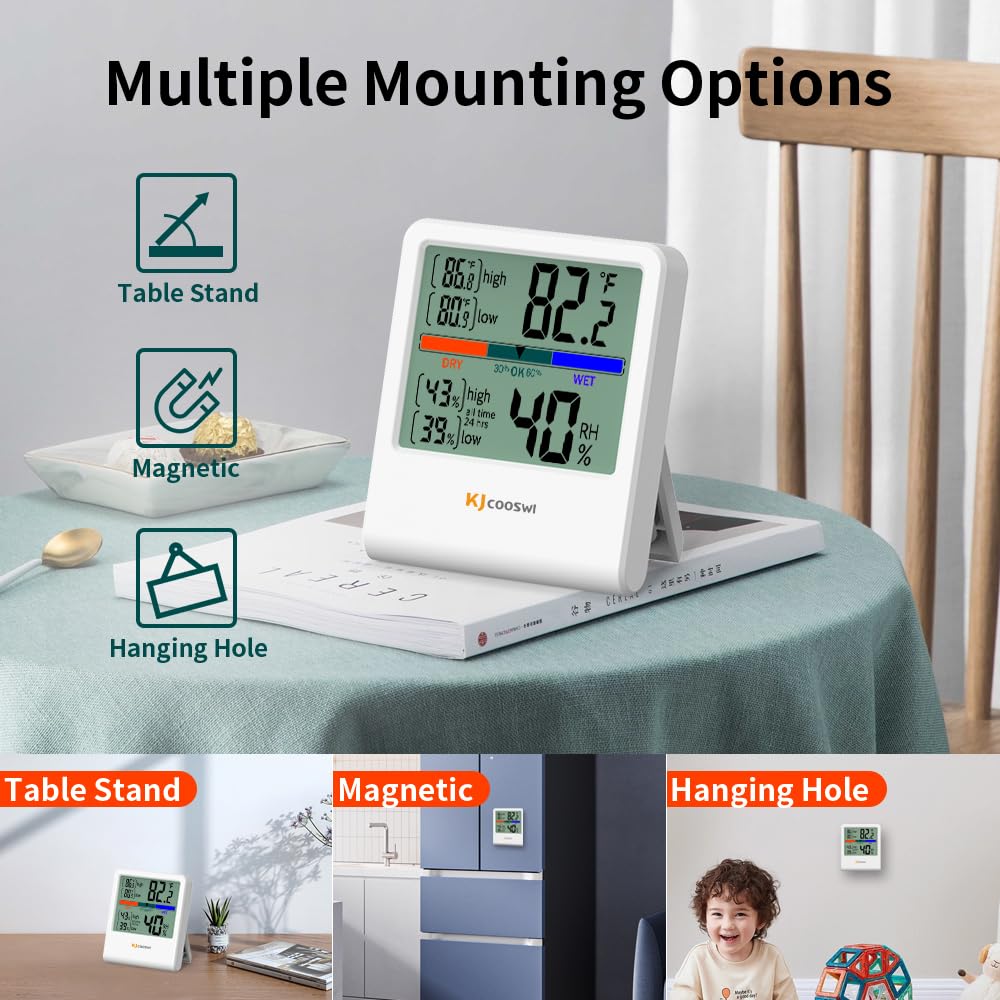 Digital Thermometer Hygrometer, Indoor Wall Thermometer Humidity Indoor with High Accuracy, Suitable for Greenhouse, Home and Office, AAA Battery (White)