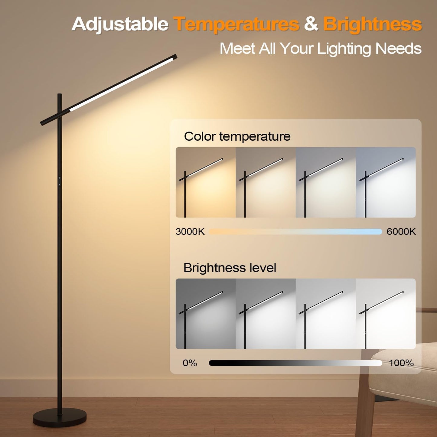 LED Corner Floor Lamp, 360°Rotating Head, Super Bright 1800LM Dimmable Minimalist Floor Lamps with Remote Control,3000K-6000K Modern Corner Light,67" Tall Standing Lamp for Living Room,Bedroom,Office