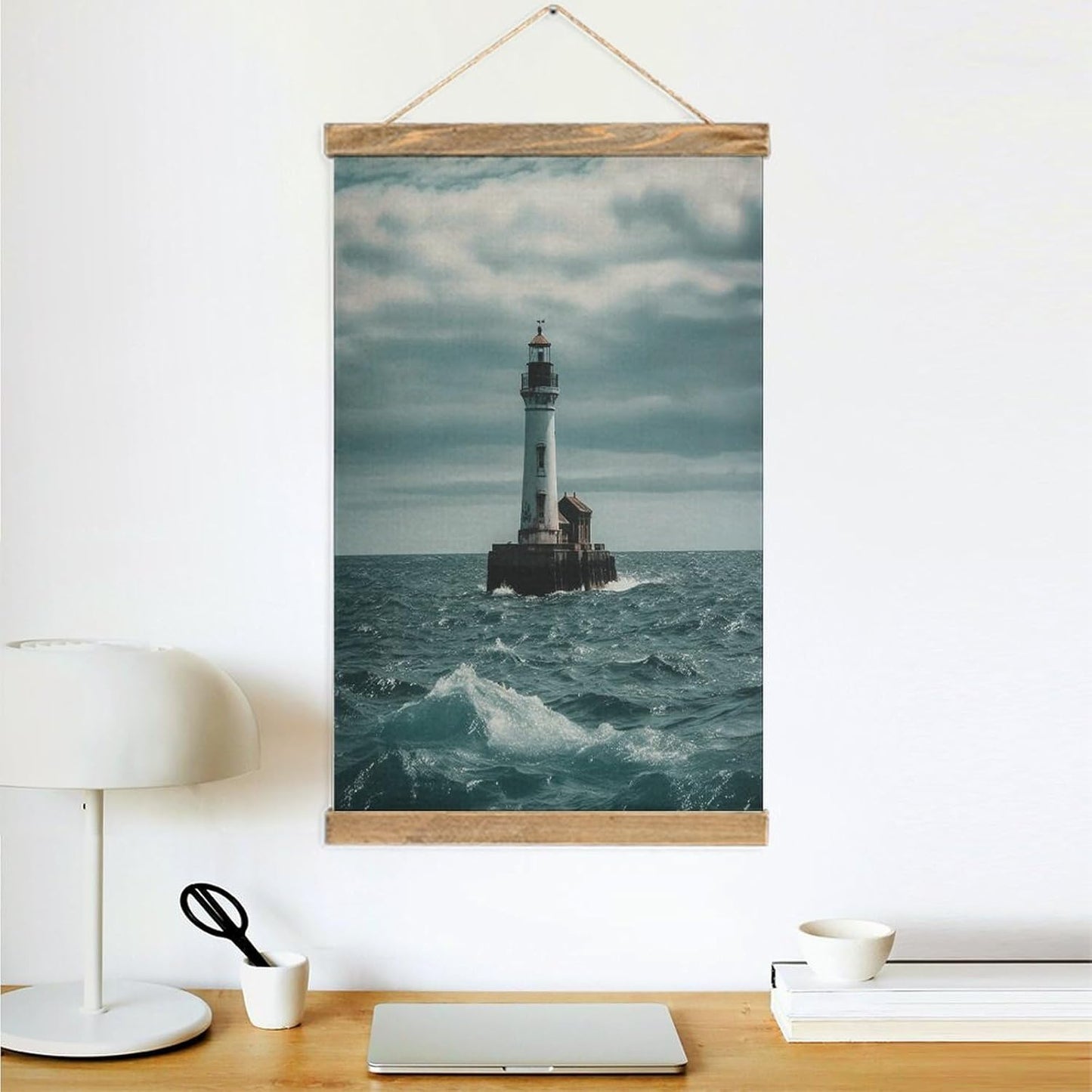Vintage Lighthouse Ocean Poster with Wooden Frame Personalized Linen Hanging Scroll Painting Rustic Wall Hanging Illustrative Modern Artwork Decor for Home Living Room Bedroom Office