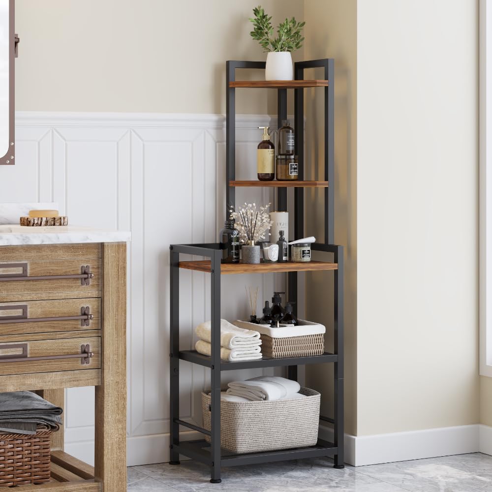 Plant Stand, Corner Shelf Stand, 5-Tier Corner Bookshelf, Tall Standing Storage Shelf Organizer with Metal Frame & Wood Shelves, Plant Stand Indoor for Home Decor, Bedroom, Living Room, Office