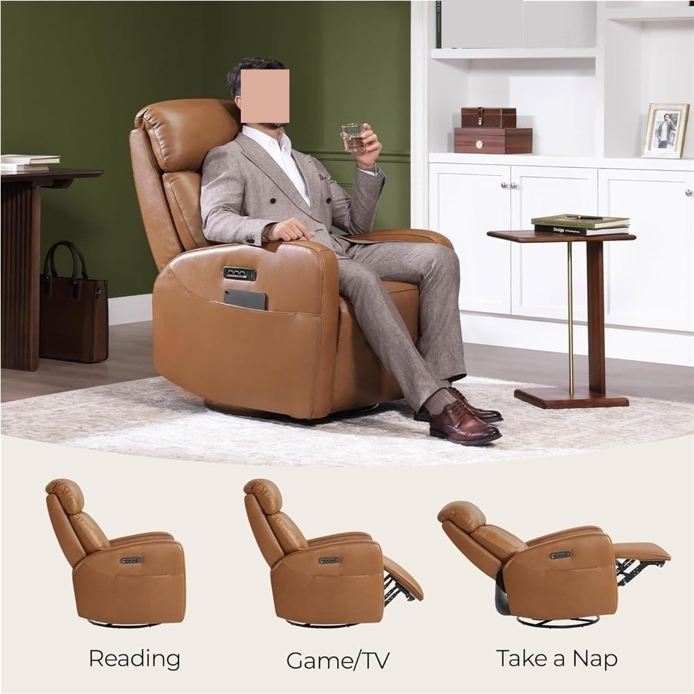 Power Recliner Chair with Swivel and Adjustable Headrest Ergonomic Plush Single Sofa for Living Room Home Theater Lounge Office and Adult Comfort Seating