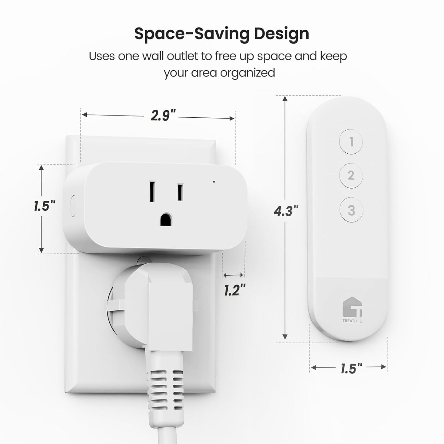 TREATLIFE 3Pack Mini Remote Control Outlet Plug with Magnetic Remote, 15A/1800W Wireless Light Switch for Lamps, Fans, Household Appliances, No Hub Required, 2 Years Warranty