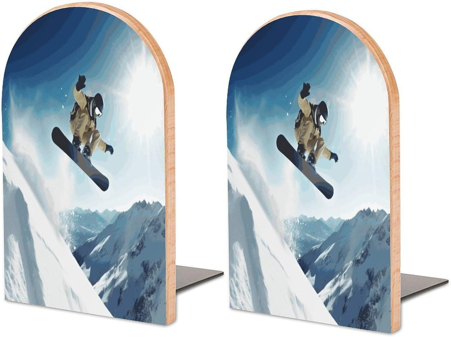 Non-Slip Bookend for Shelves Snowboarding Wooden Bookends with Metal Base Decorative Book Stopper for Home Heavy Duty Wood Book Storage for Books/CDs