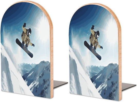 Non-Slip Bookend for Shelves Snowboarding Wooden Bookends with Metal Base Decorative Book Stopper for Home Heavy Duty Wood Book Storage for Books/CDs