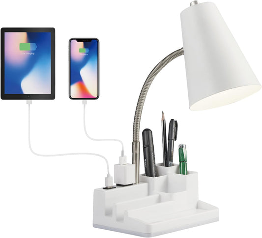 E26 Desk Lamp with 1 USB Charging Port and 1 AC Outlet, Organizer Base, Adjustable Neck, On/Off Switch, Modern Table Lamp for Reading, Working, Studying (White)