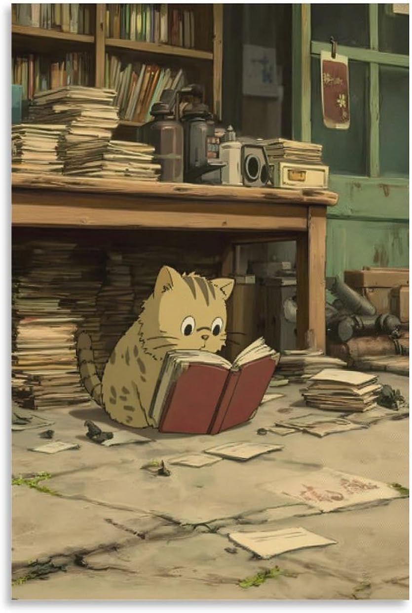 Kitten Sitting Room Full Books Clutter Seriously Reading Red Book Canvas Wall Art Living Unframe-style-2 08x12inch(20x30cm)