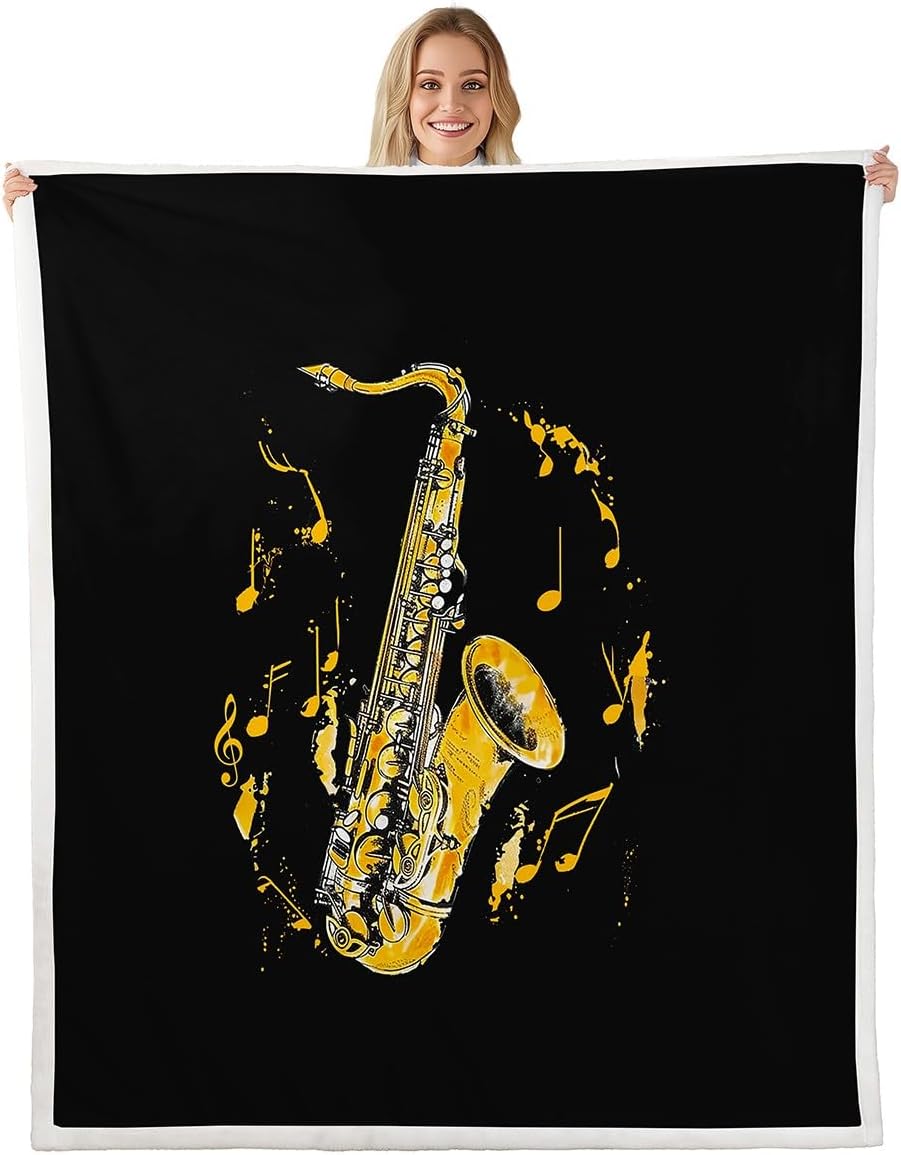 Erosebridal Saxophone Throw Blanket 40x50,Musical Notes Fleece Blanket for Teens Child Boys Girls,Country Acoustic Jazz Music Themed Blanket,Golden Instrument Sherpa Blanket Soft Warm