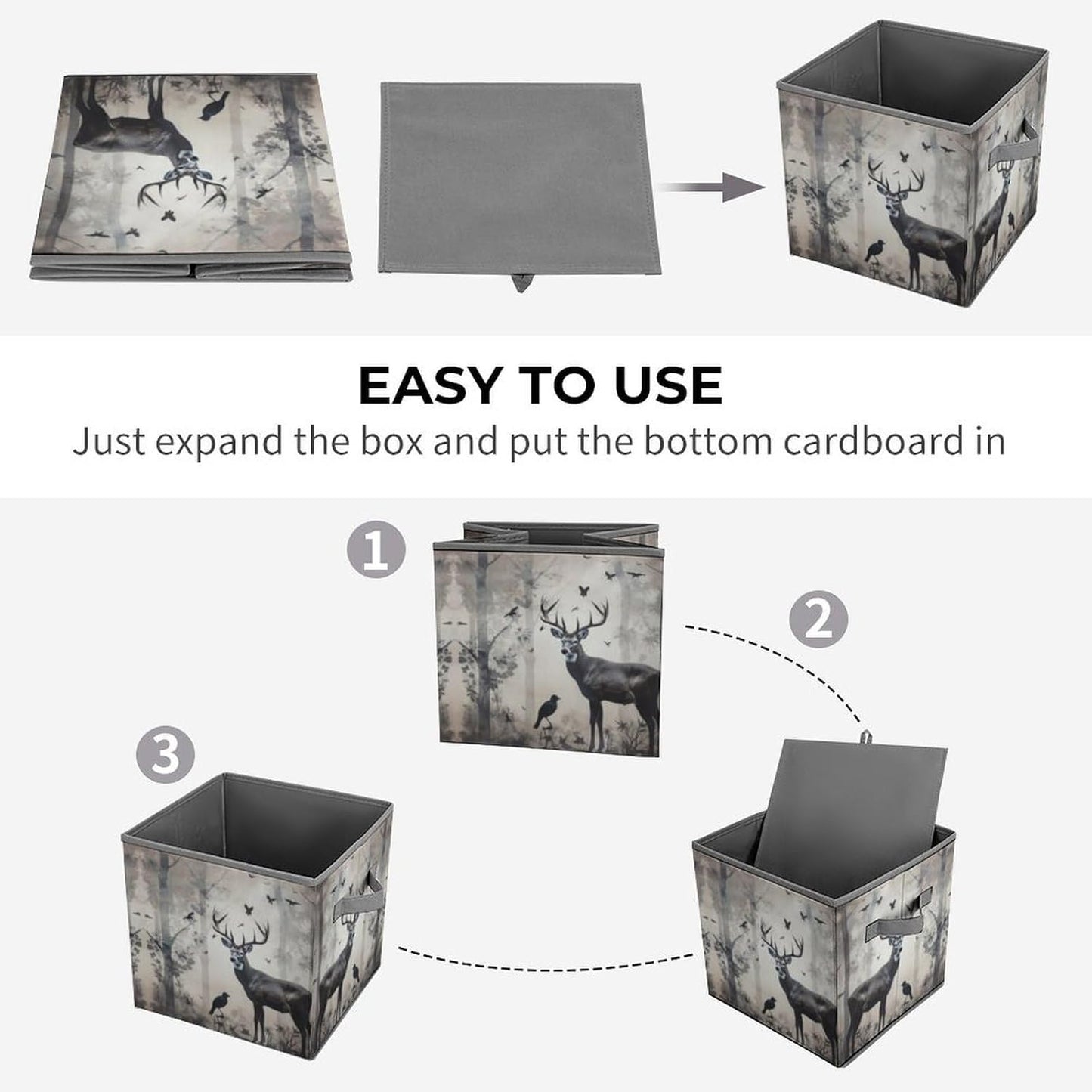 Hunting Silhouette of Deer Storage Bins with Handles Fashion Large Storage Cubes Sturdy Foldable Storage Boxes Space-Saving Storage Baskets for Home Office Clothes Closet Organizers