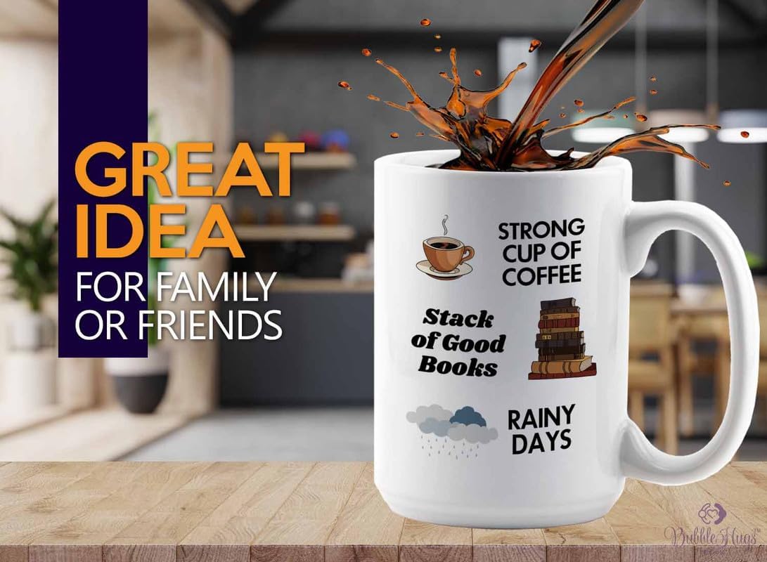 Reading Coffee Mug 15oz White - Coffee Book Rainy Days - Reader Gift Bookworm Owl Lover Cat Lover Book Lover Novelist Librarian Writer