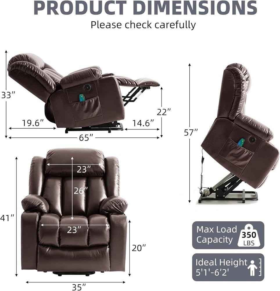 Power Lift Recliner Chair for Elderly, Heavy Duty Electric Massage Sofa with Heat & Vibration, Breathable PU Leather Reclining Seat, 2 Cup Holders, USB Ports, Side Pockets