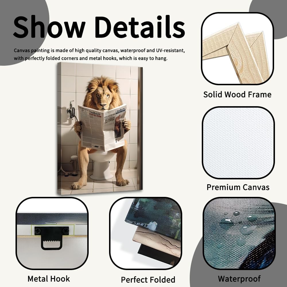 Funny Lion Wall Art Lion Sitting on Toilet Reading Newspaper Canvas Prints Bathroom Animal Picture Paintings Humor Animal Wall Art for Washroom Decor Framed(Animal-3,12.00" x 18.00")