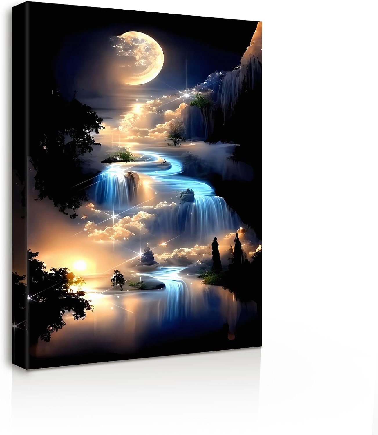 Wall Art Framed Canvas Wall Art Landscape Moonlight Waterfall Artwork for Bedroom Living Room Wall Decor Pictures Decor Room Decor 12x16 Inch