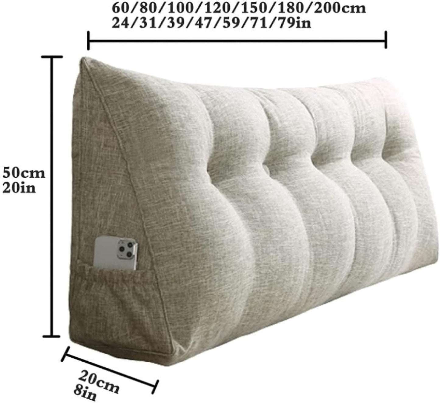Large Headboard Pillow Triangular Wedge Reading Bed Rest Pillow Linen Cotton Bolster for Daybed Backrest Positioning Support Cushion with Removable Cover(Size:100x50x20cm,Color:G)