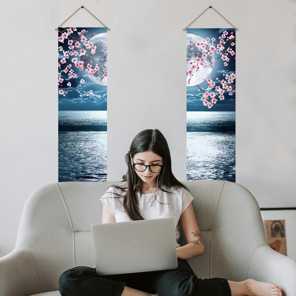 AHANDMAKER 2Pcs Japanese Anime Scenery Tapestry, Ocean Moon Cherry Blossom Vertical Wall Hanging, Tassel Wall Aesthetic Tapestry for the Living Room, Wall Decor Entry(45.7x13 Inch)
