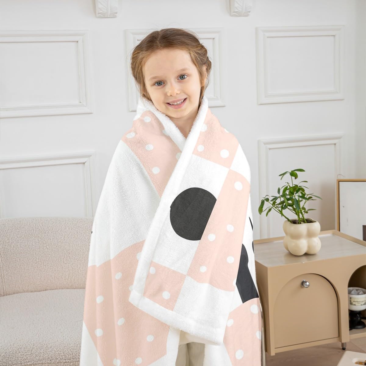 Black Cute Cat Throw Blanket,Pink Geometric Grid Blankets for Kids Girls Boys Teens Room Decor Cartoon Pet Animals Fleece Blanket Soft Boho Dots Fuzzy Blanket,for Chair/Sofa,50"x60"