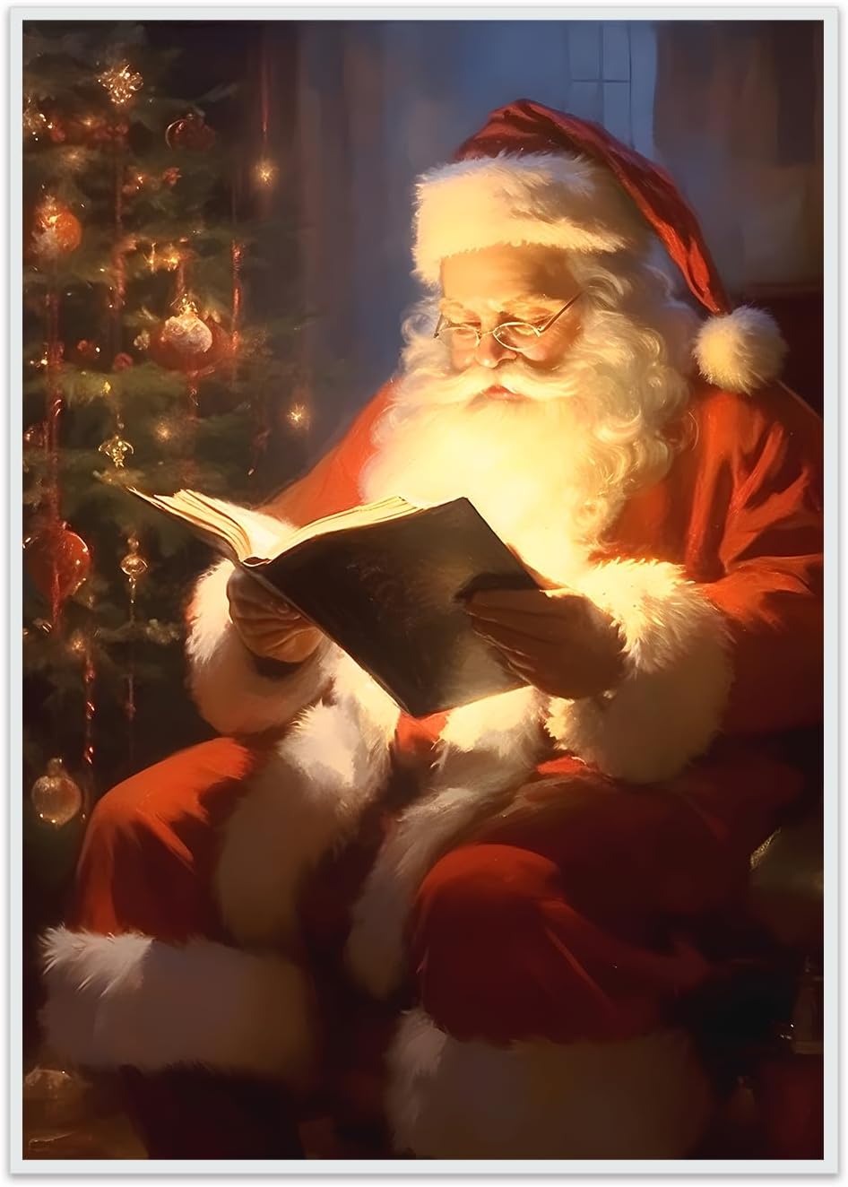 Vintage Christmas Canvas Wall Art, Santa Claus Reading Book Canvas Prints, Aesthetic Merry Christmas Poster for Home Office Xmas Picture Decor Winter Holiday Presents 12x16 Inch Unframed