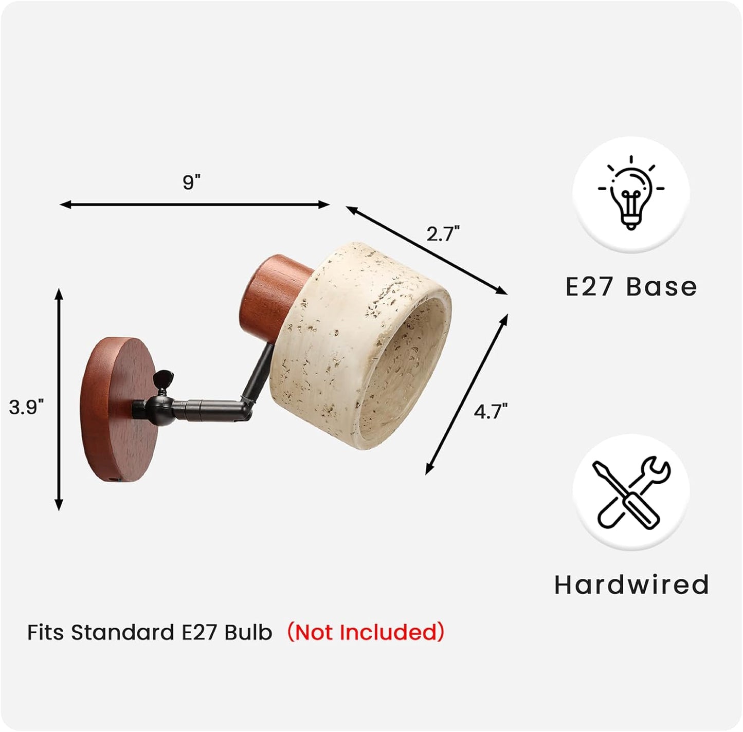 Faux Travertine Wall Sconce, 4.7" Hardwired Wall Mounted Light, 180° Rotatable Mid Century Modern Marble Lamp for Bedroom, Bedside, Reading (E26 Bulb Not Included)