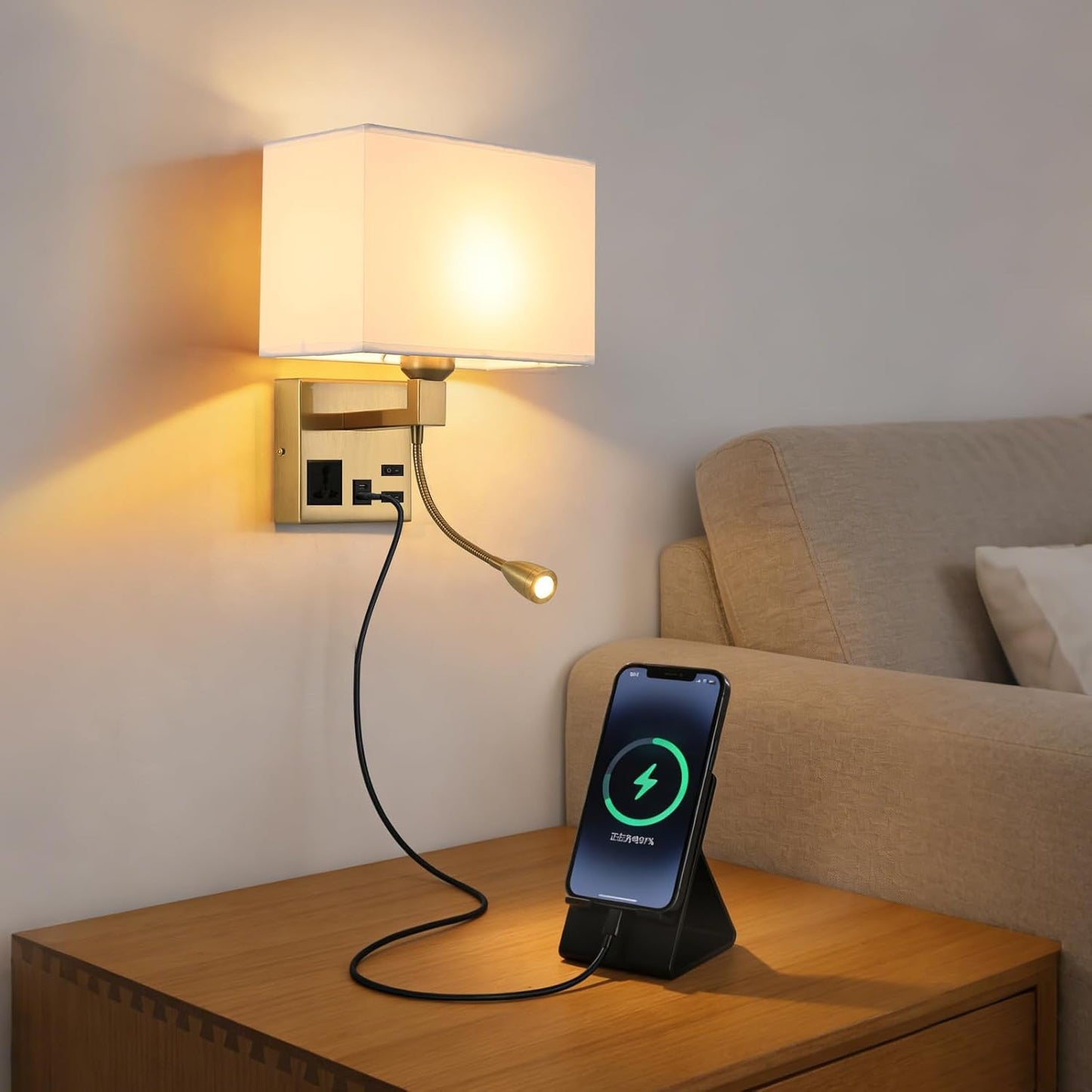 Wall Lamp for Bedroom Living Room Office Hotel, Plug in Wall Sconce with AC Outlet & USB Charging Port, Wall Mount Reading Light 360°Adjustable, Gold Headboard Lamp With 3 Color Temperature