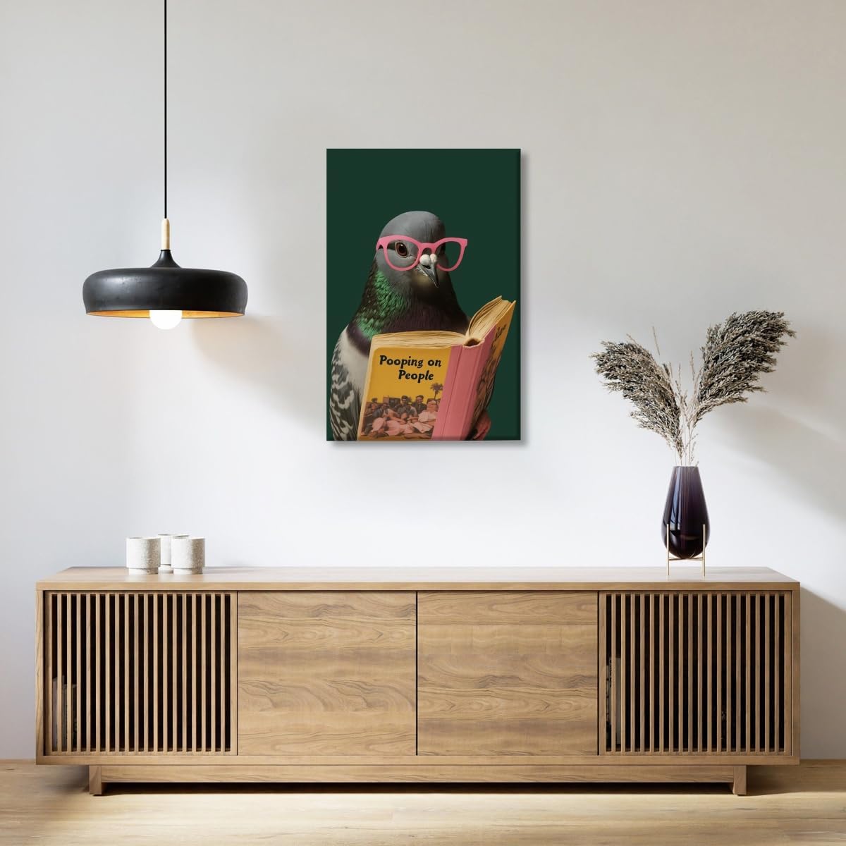 Funny Bathroom Wall Art Quirky Pigeon Reading Pooping on People Poster Trendy Bathroom Humor Painting Canvas Print Retro Bird Animal Green Wall Decor For Home Toile Restroom 16x24inch Unframed
