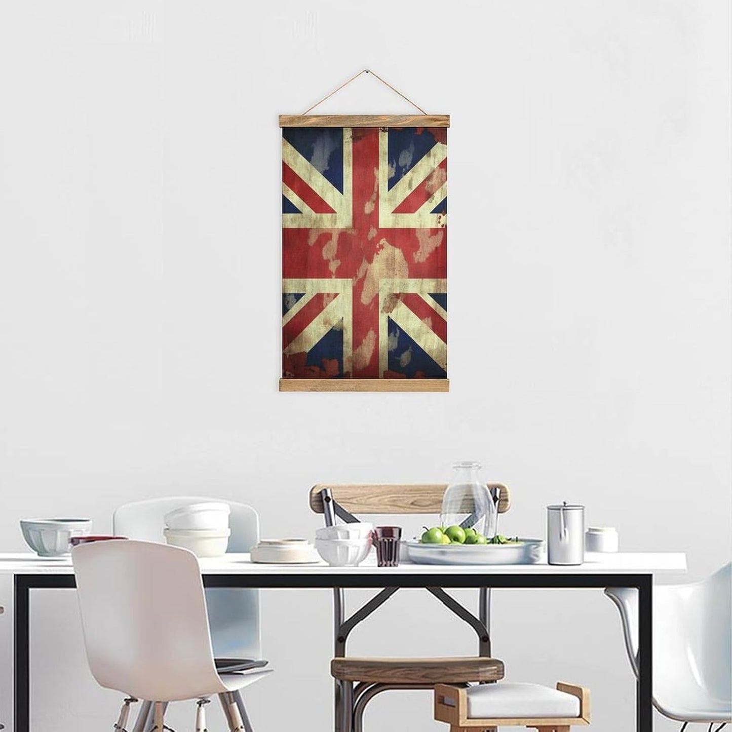 Vintage Vintage Union Jack British Flag Poster with Wooden Frame Personalized Linen Hanging Scroll Painting Rustic Wall Hanging Illustrative Modern Artwork Decor for Home Living Room Bedroom Office