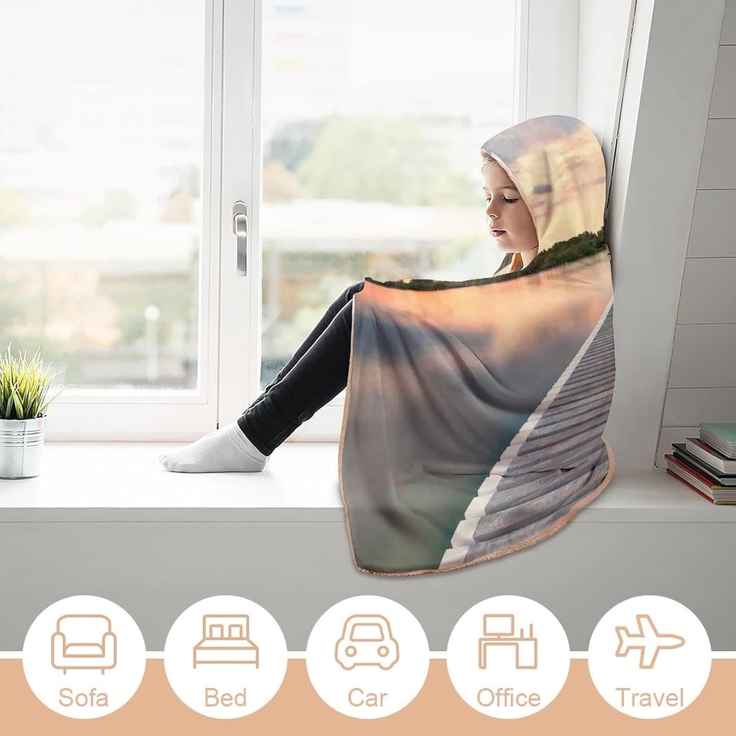 Throw Blankets, Ocean Wearable Hooded Blanket for Adults, Pontoon Jetty Pier Deck Across The Water at, Soft Warm Cozy, 50 x 60inches, Studying Reading Snuggling Napping Office, Aqua Grey Peach