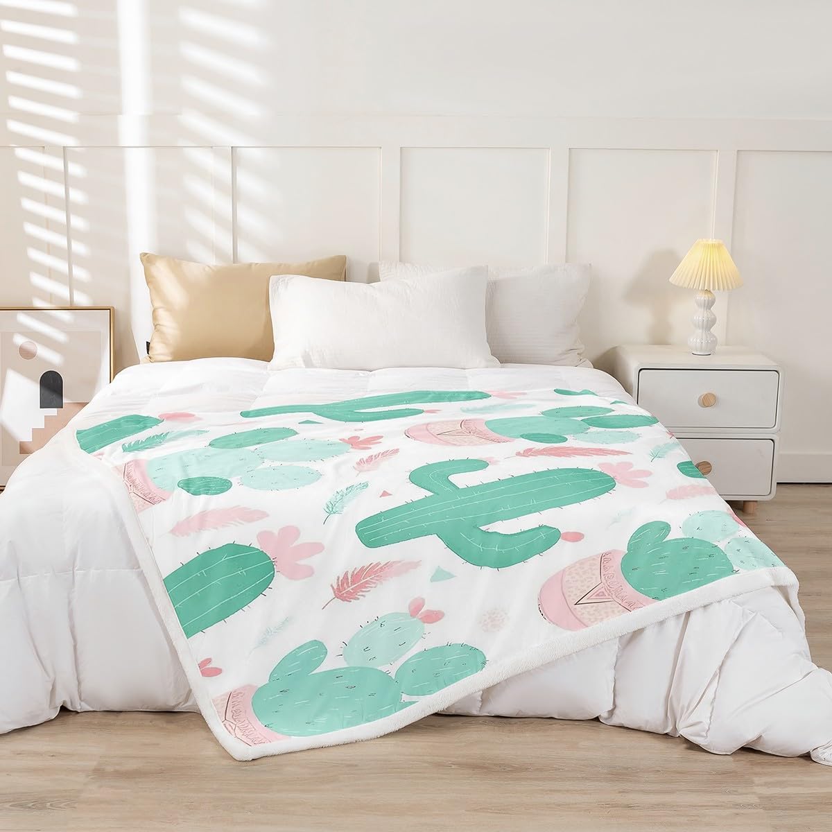Feelyou Kids Cactus Throw Blanket Girls Boho Succulent Fleece Blanket for Bed Sofa Couch Teens Pink Green Botanical Pattern Decor Sherpa Blanket Exotic Plants Warm Fuzzy Blanket Twin 60"x80"